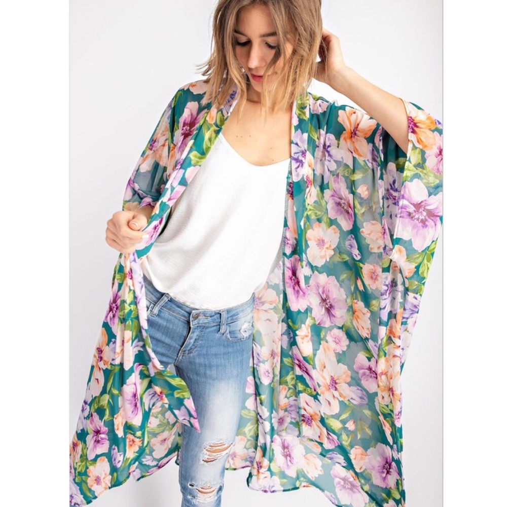 Last1️⃣Floral Chiffon Kimono Cardigan Teal Flower
